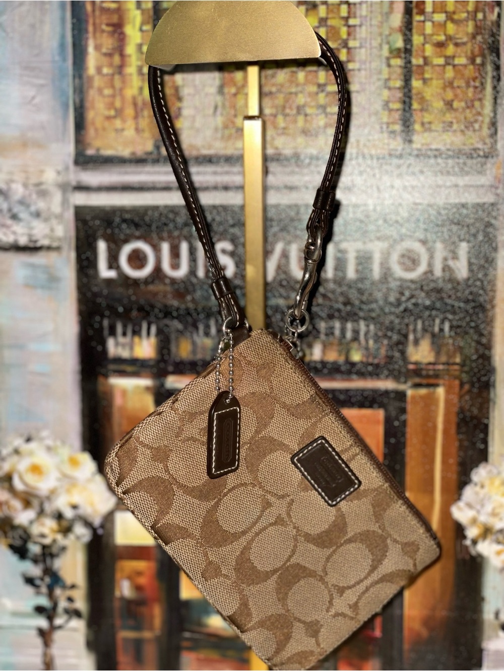 Coach Signature Canvas Wristlet Khaki Brown Zip Pouch Wallet